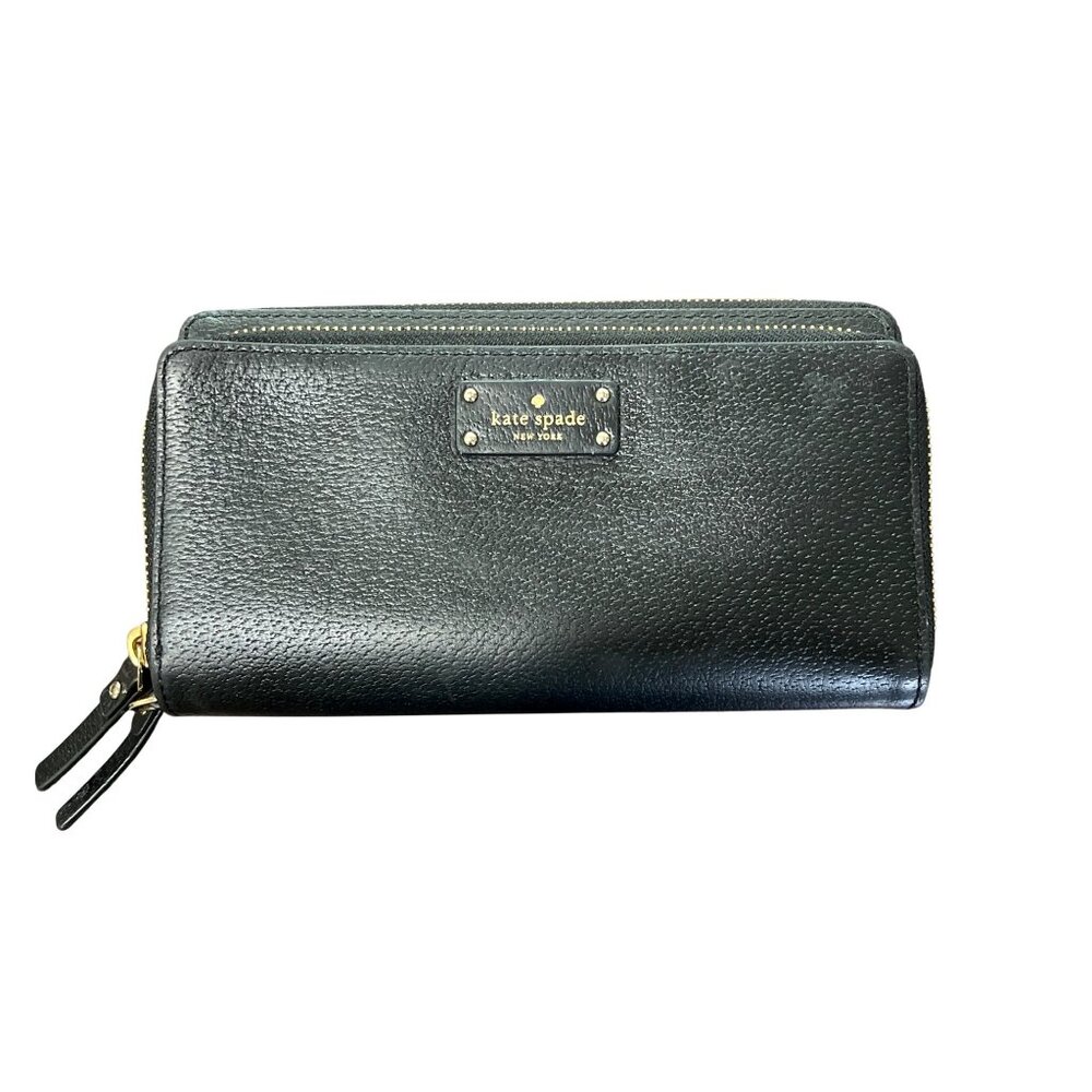 Kate Spade New York Wallet Zip-Around Pebbled Leather Black Rectangle - Picture 1 of 5